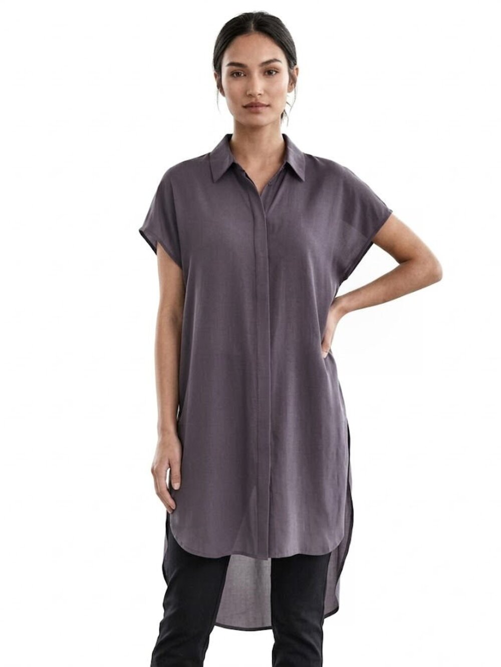 LEITH Oversized Button-Down Tunic, Grey Stonehenge, Womens Size XS